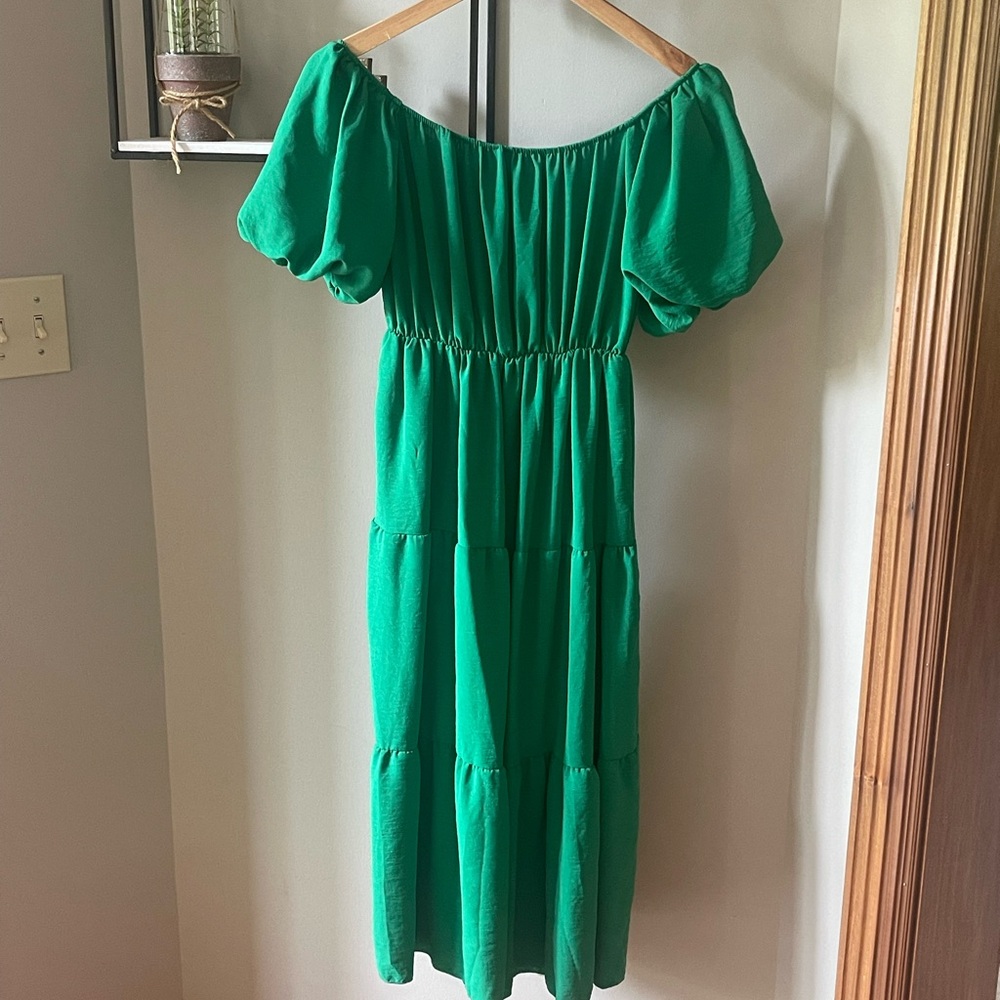 See You Monday Green Ruched Off-Shoulder Sundress